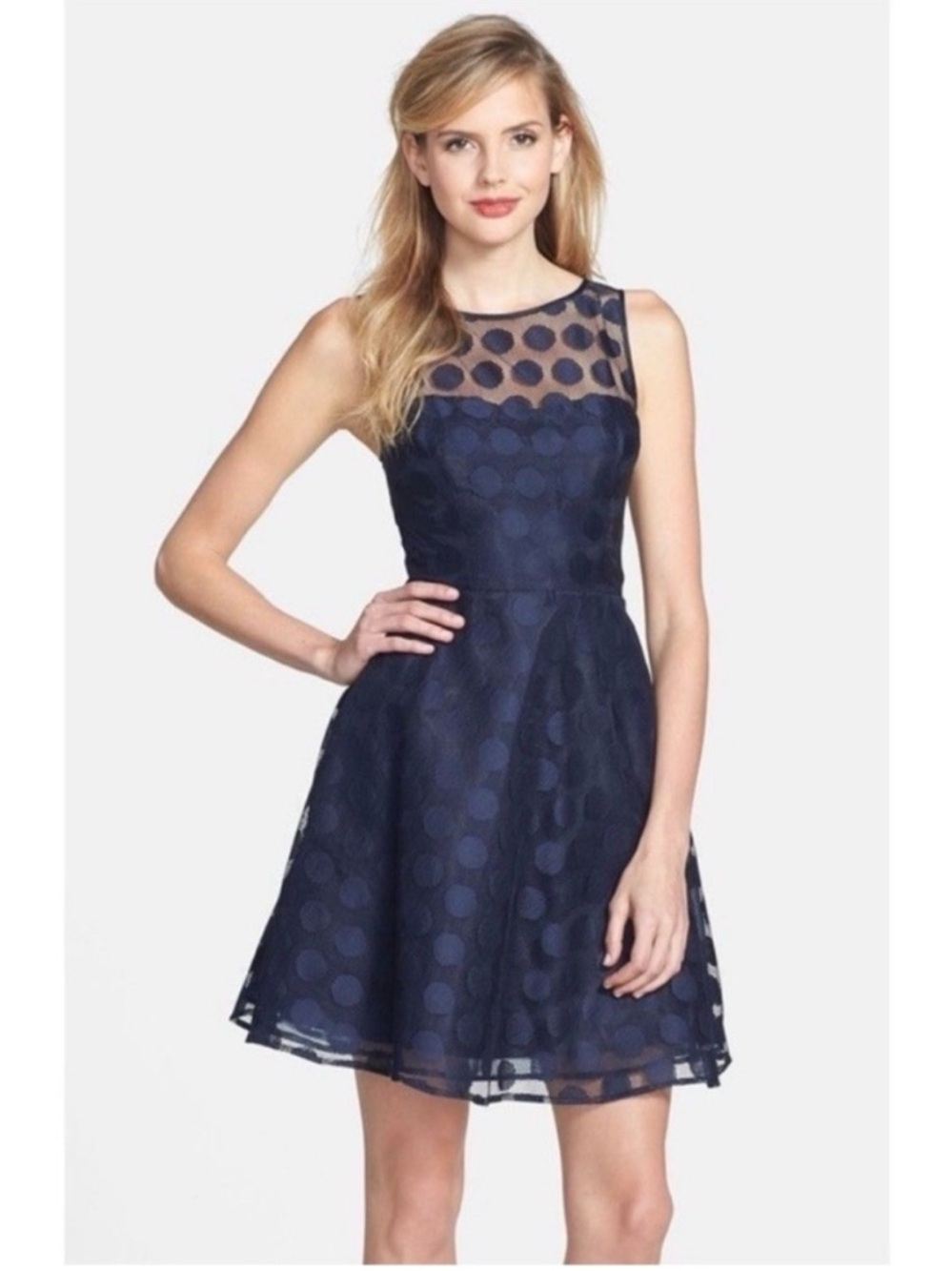 Betsey Johnson Women Navy Blue Polka Dot Lace Fit & Flare Cocktail Dress Size 14